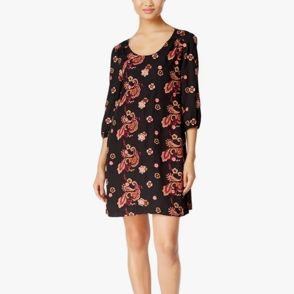 Eci Floral Embroidered 3/4 Sleeve Flowy Mini Dress Artsy Bohemian Feminine - Picture 1 of 11